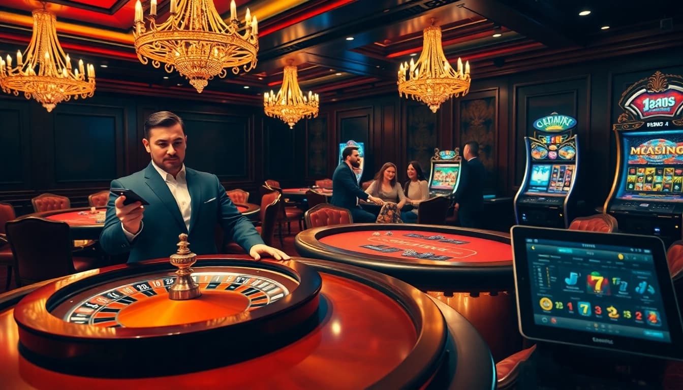 Engage in high-stakes gambling excitement at https://bem88.com with casino tables and vibrant slot machines.