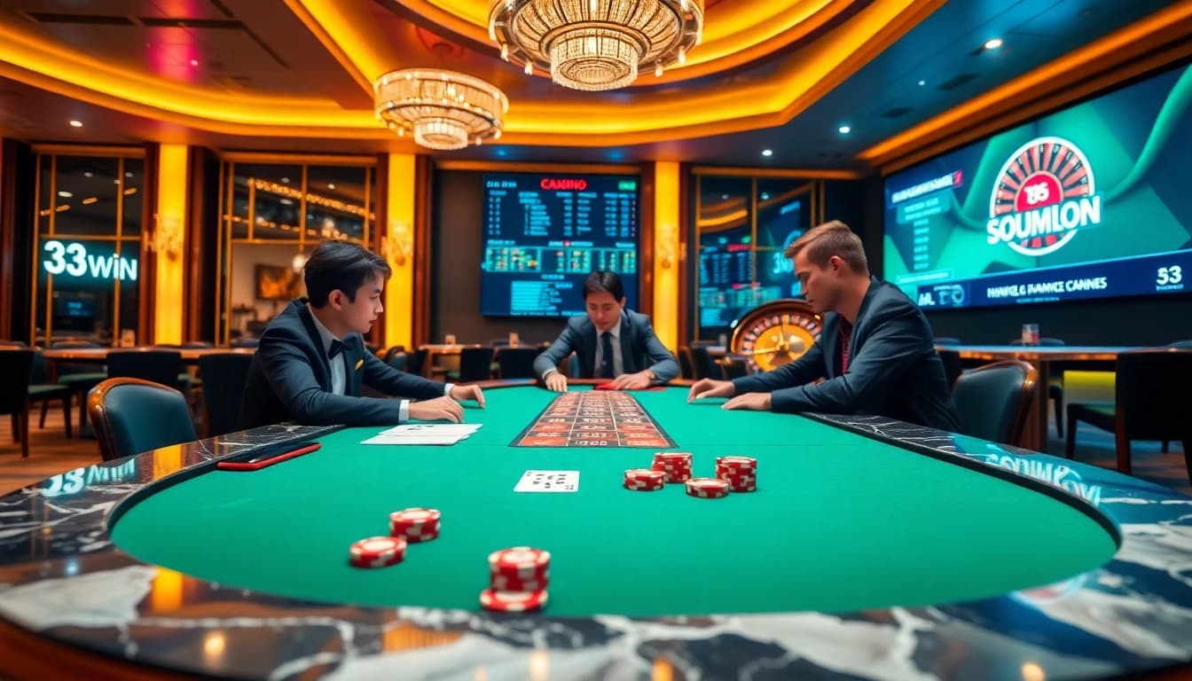High-stakes poker at 33win, showcasing dynamic gameplay and luxurious casino ambiance.