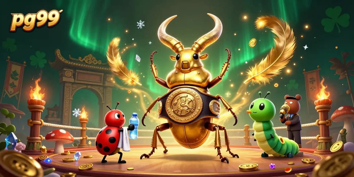 Bet big at pg99 with a dynamic 3D casino showdown featuring a golden stag beetle and vibrant game elements.