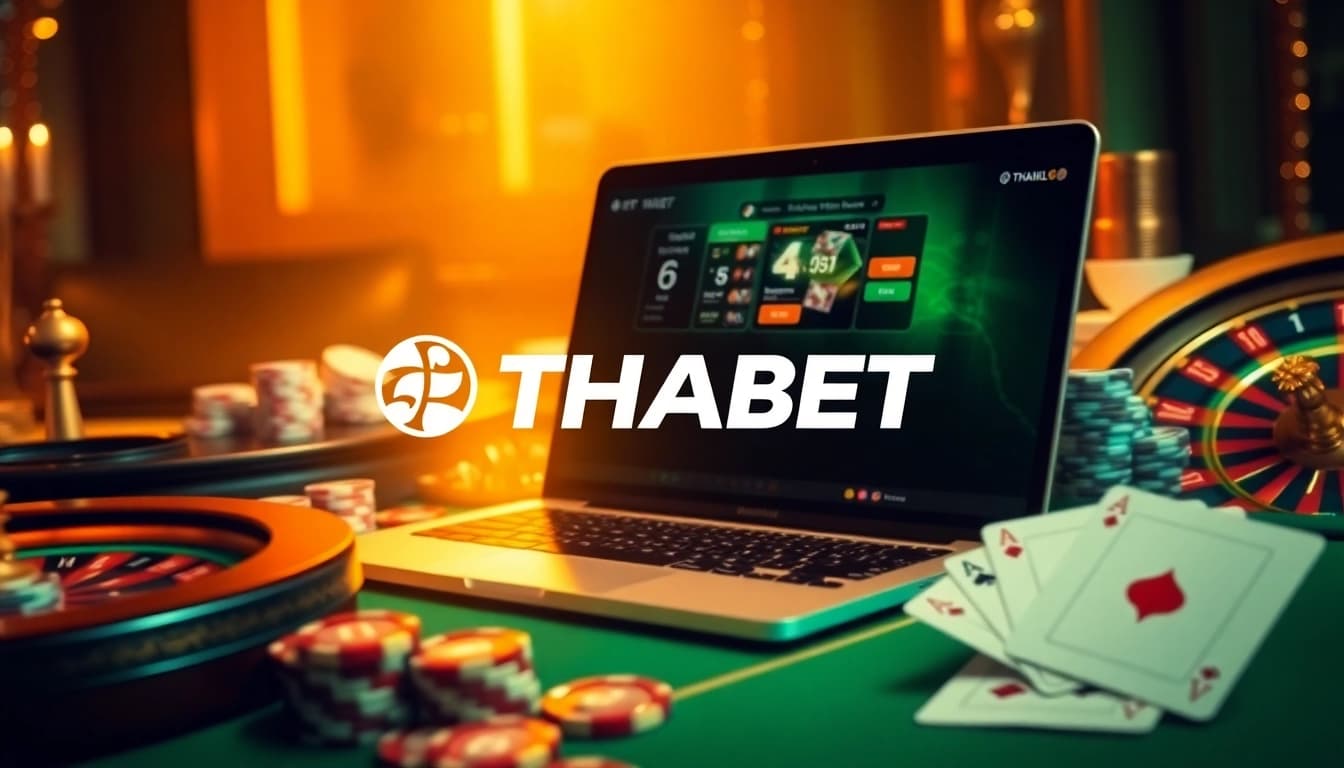 Play engaging casino games with THABET's professional interface showcasing vibrant poker chips and cards.