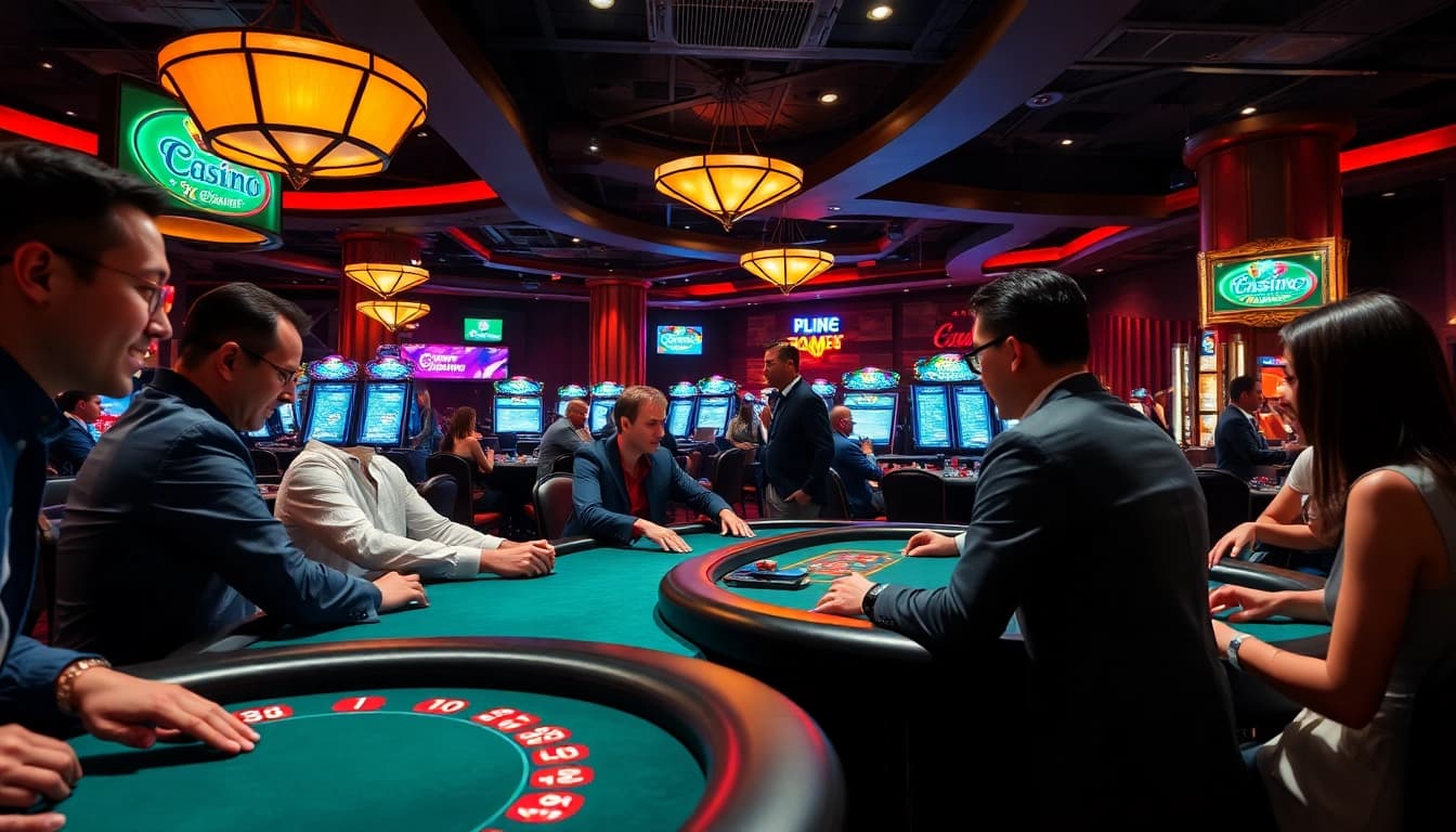 Erleben Sie das casinospielen in einer lebendigen Casino-Umgebung mit Spielern an verschiedenen Tischen.
