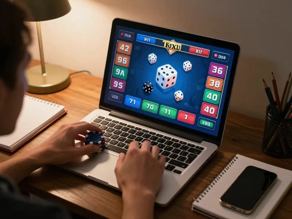 Tài xỉu online uy tín gaming session showcasing vibrant gameplay on a laptop in a cozy home