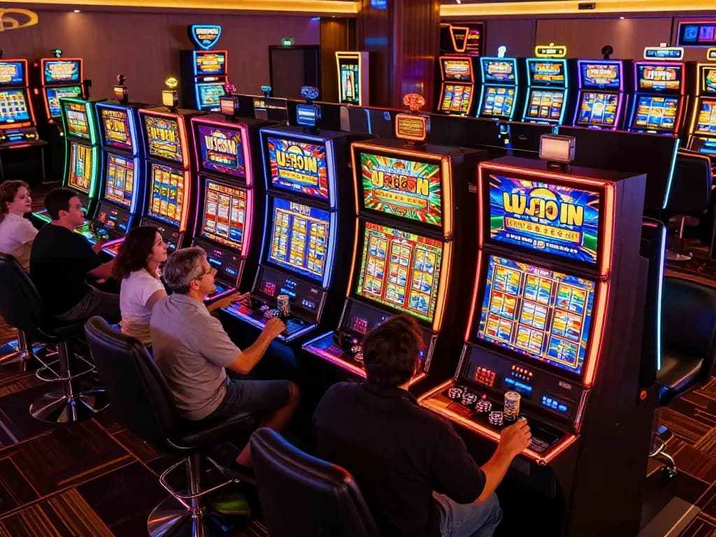 Pemain yang terlibat menikmati mesin Slot Tempo123 dengan lampu neon yang cerah di kasino yang ramai.