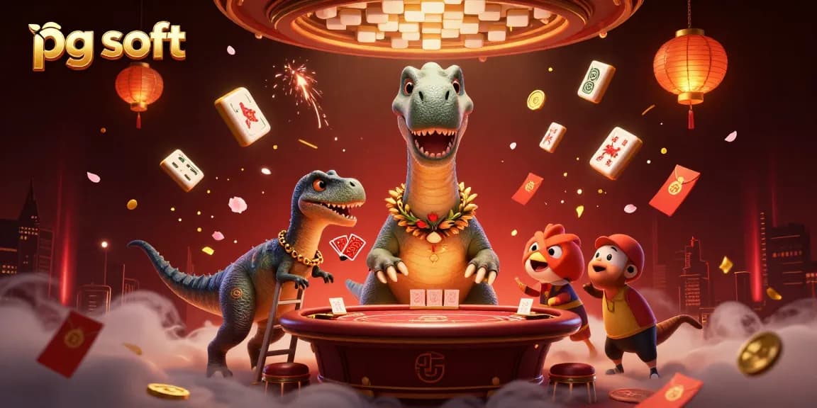 Experience thrilling moments with pg soft as a giant brontosaurus oversees a vibrant casino scene.