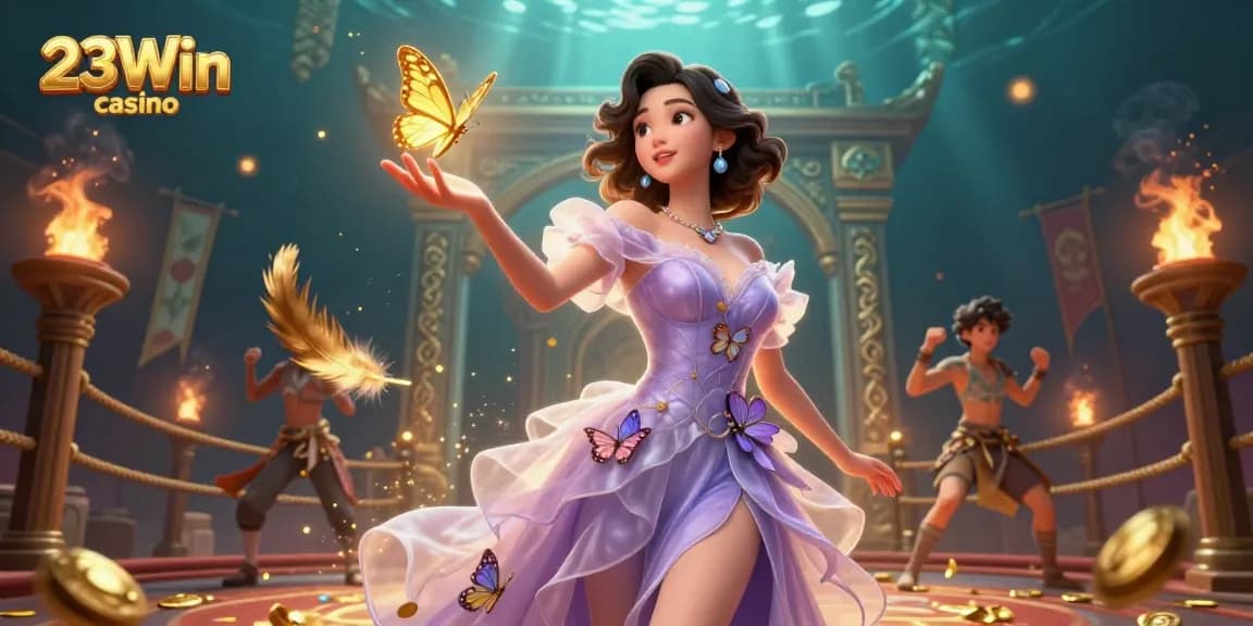 Experience 23Win casino with vibrant casino elements and stunning characters in an immersive 3D illustration.
