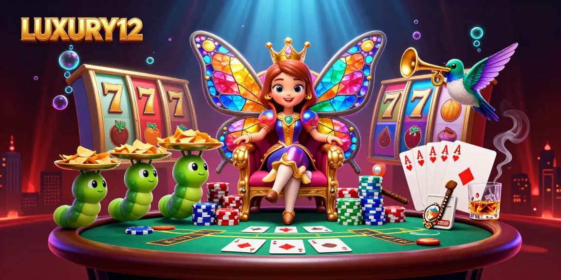 Join the excitement at LUXURY12 with vibrant slot reels and dynamic poker elements in a captivating casino scene.