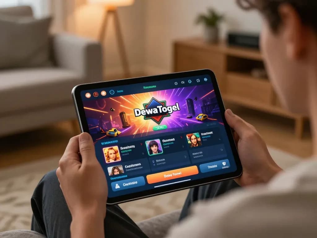 Dewatogel Link Alternatif Login Terbaru displayed on tablet in a cozy, sophisticated home gaming setup