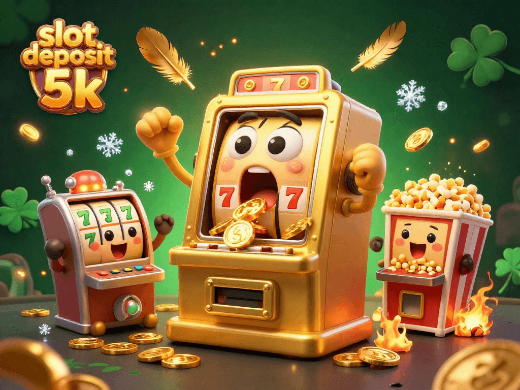 Engage with the thrilling scene of a slot deposit 5k celebration featuring a joyful golden slot machine, coins flying around.