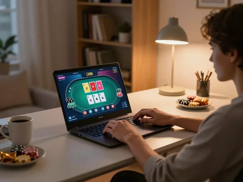 Engaging poker gameplay on LV88 in a cozy online gaming setup, showcasing dynamic betting actions.