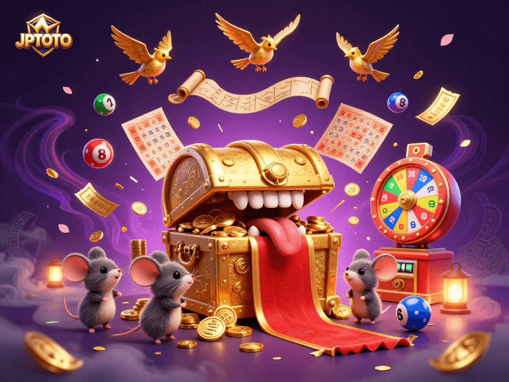 Engage with JPTOTO's latest lottery predictions featuring colorful elements, dynamic game actions, and a treasure-themed illustration.