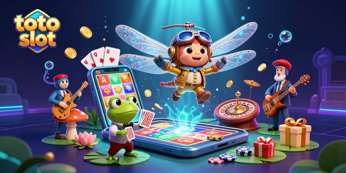 Spin the reels with vibrant toto slot action depicted in a lively 3D scene featuring colorful characters and games.