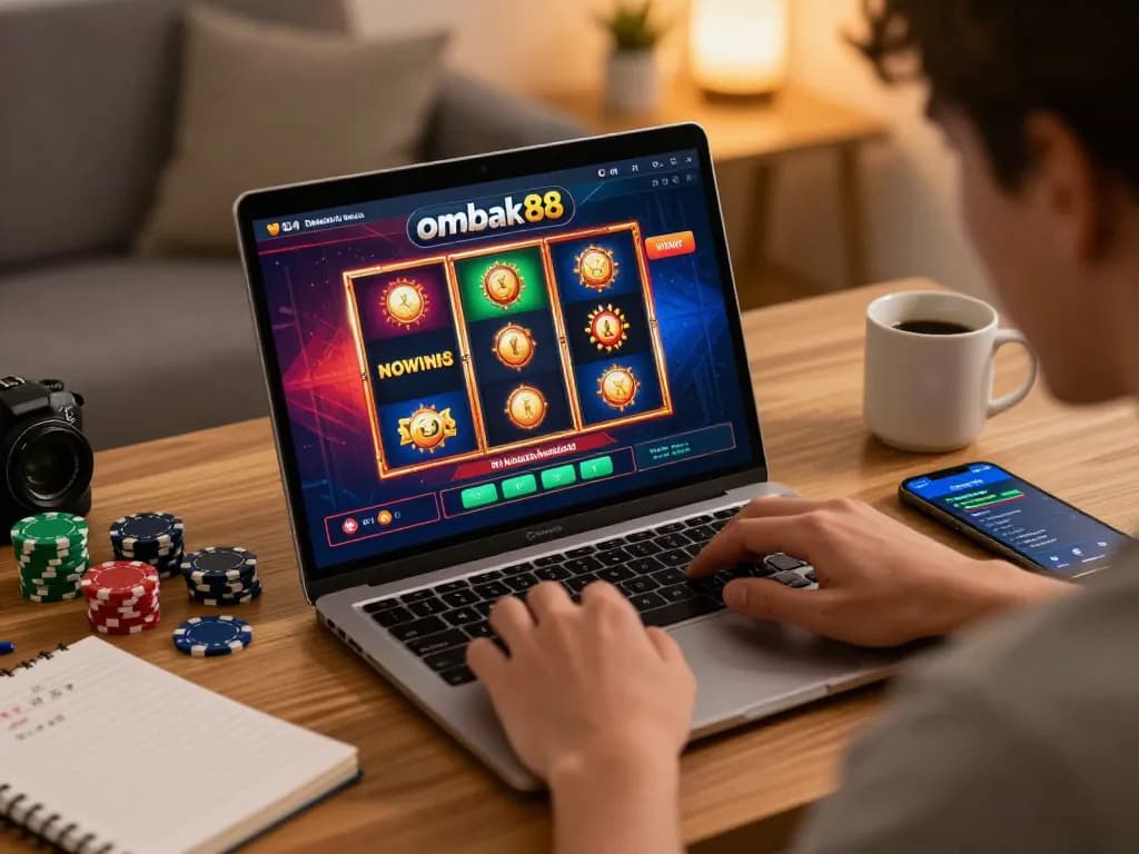 Pemain menang besar di permainan kasino online ombak88, menampilkan grafik slot yang menarik dan suasana yang antusias.