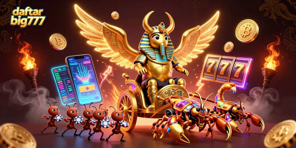 Engage with daftar big777 as you spin vibrant slot reels amidst a golden scarab beetle and scorpions.