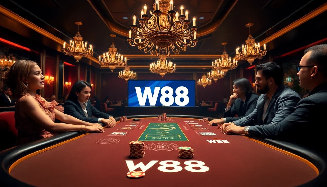 Excited players betting at a luxurious W88 poker table in a high-stakes casino atmosphere.