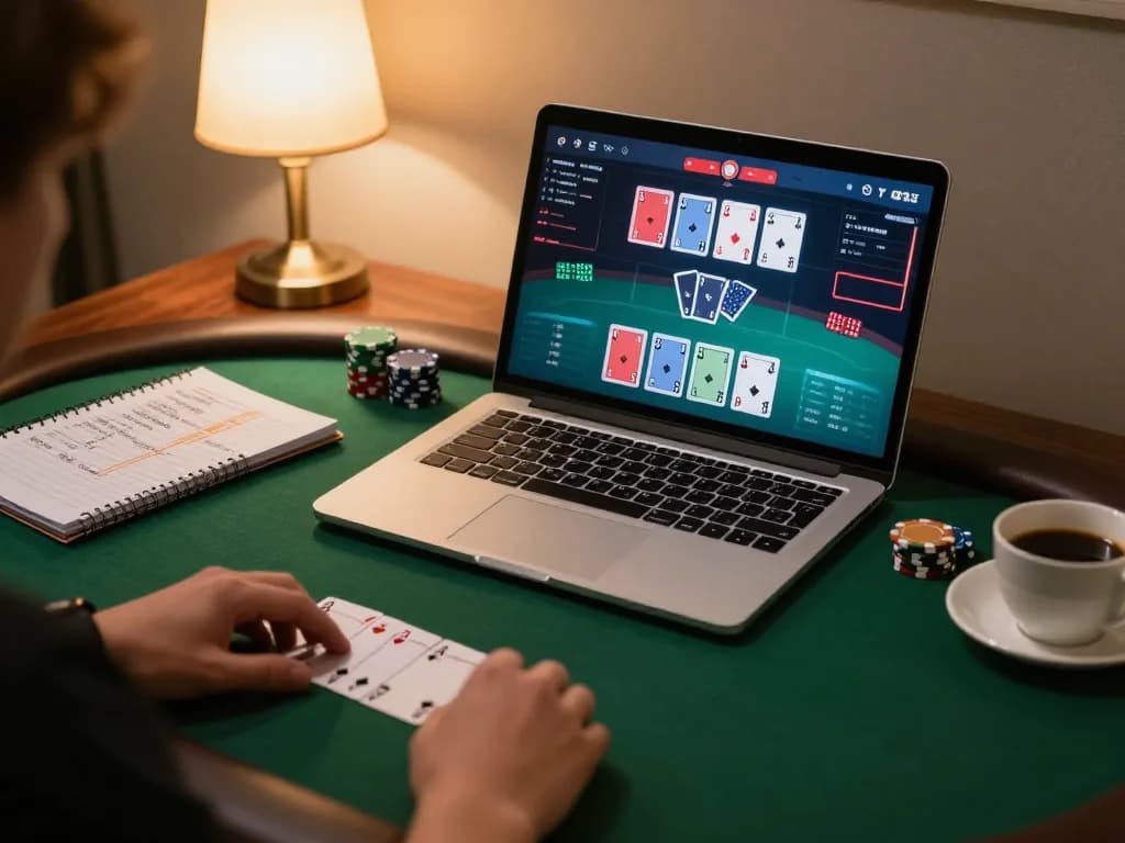 Player engaging in online Domino88 poker game, showcasing a cozy home setup with strategic notes