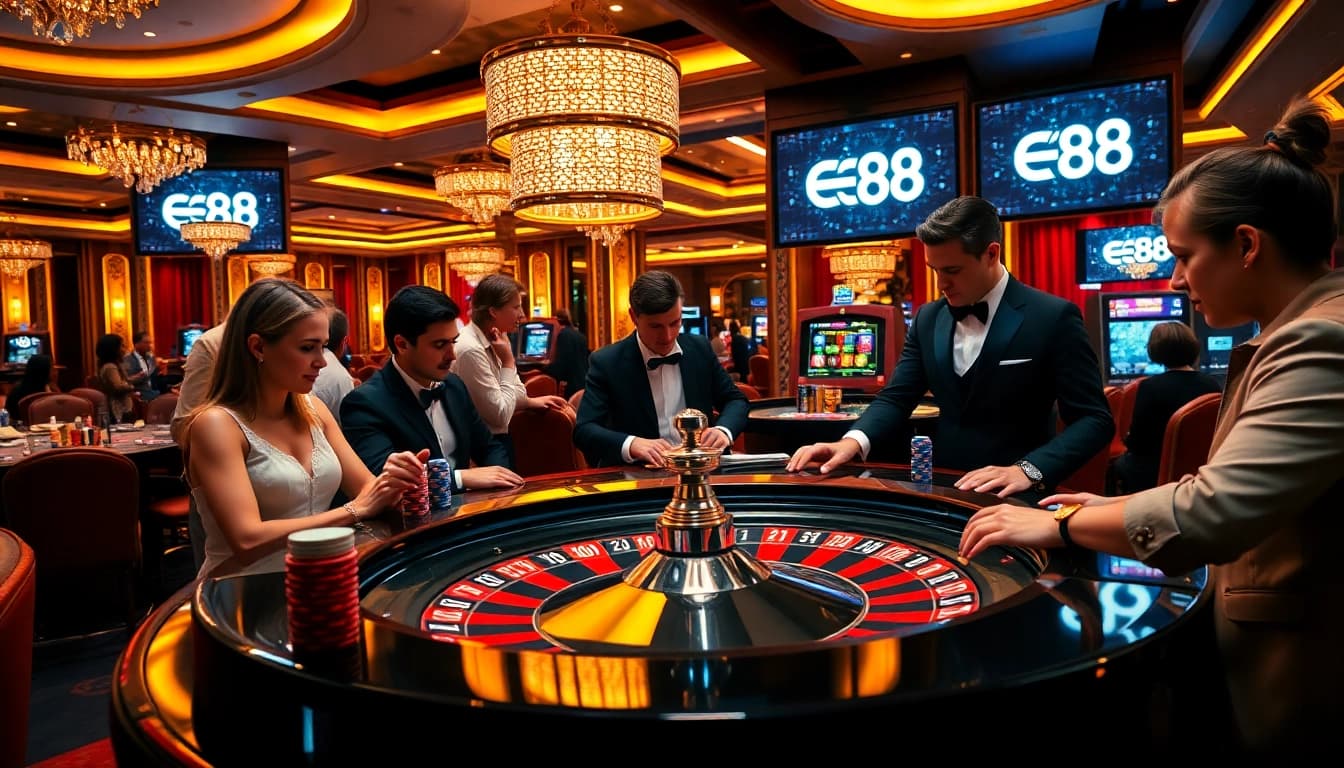 Players engaging at the EE88 roulette table with excitement and vibrant casino atmosphere.