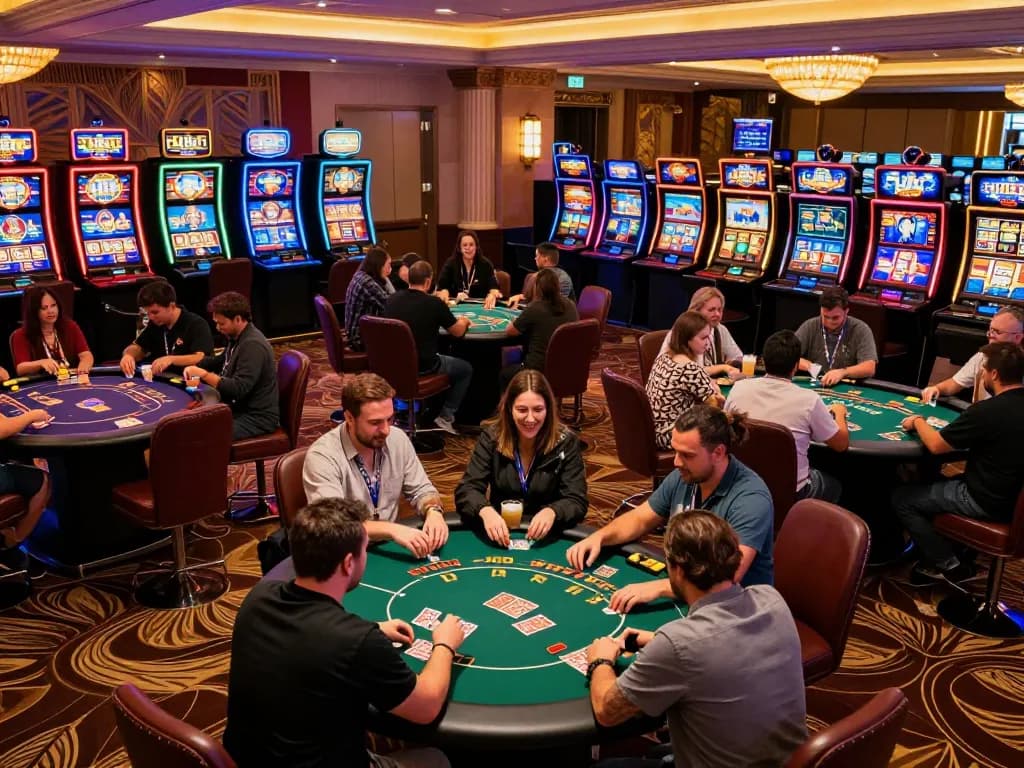 Players enjoying vibrant KJC casino games with lively atmosphere and colorful slots.
