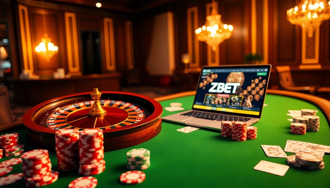 Experience online gaming action at https://zbet.training/ with vibrant poker chips and a roulette wheel.