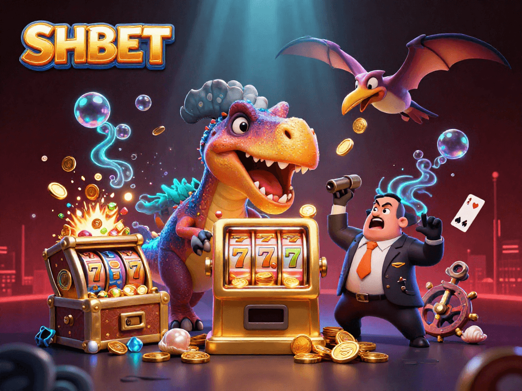 SHBET features a dinosaur character interacting with a slot machine amidst colorful casino elements.