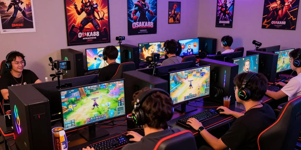 Exciting OSAKA88 gaming scene with diverse players enjoying live sessions and vibrant game displays.