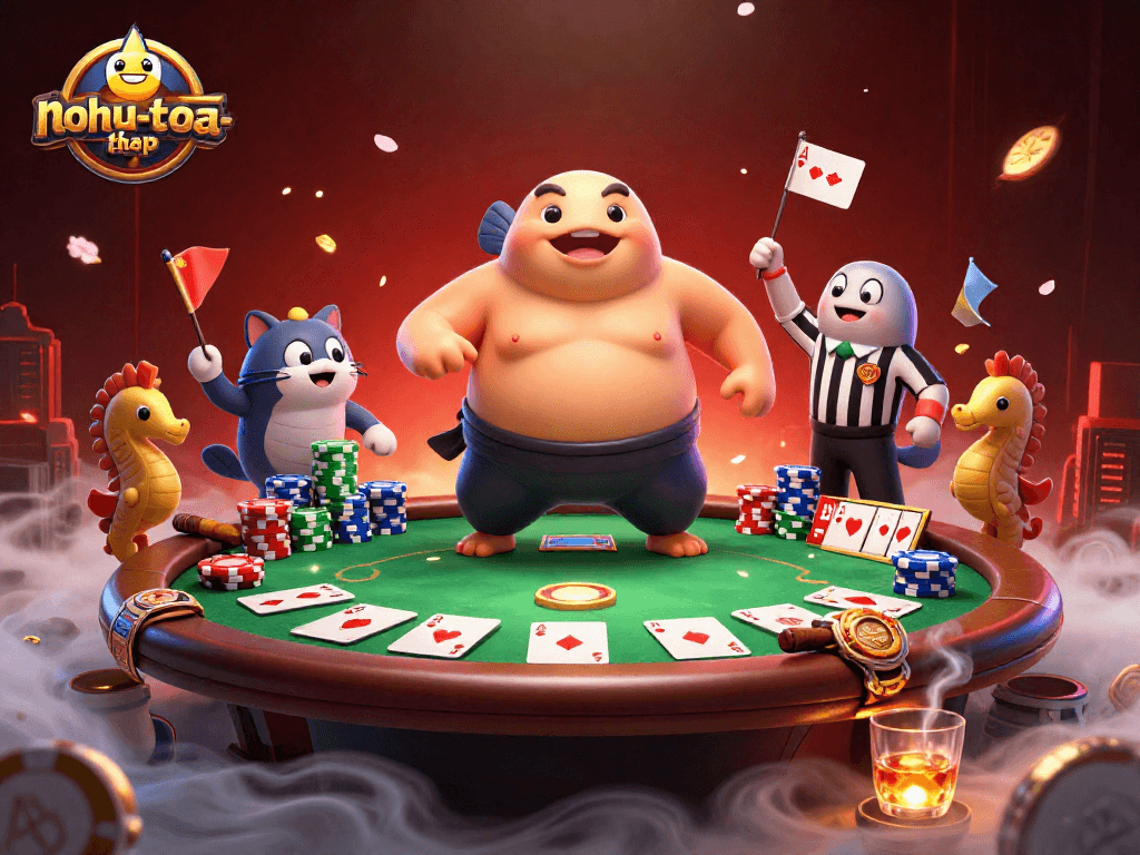 Engage in exciting gameplay with nohu-toa-thap, featuring a blowfish and poker elements in a vibrant 3D scene.
