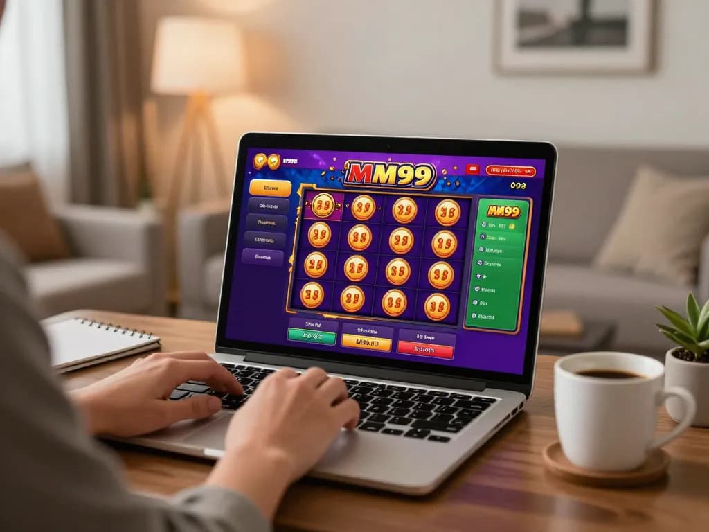 Experience excitement with MM99 Slot games on a laptop in a stylish home setup.