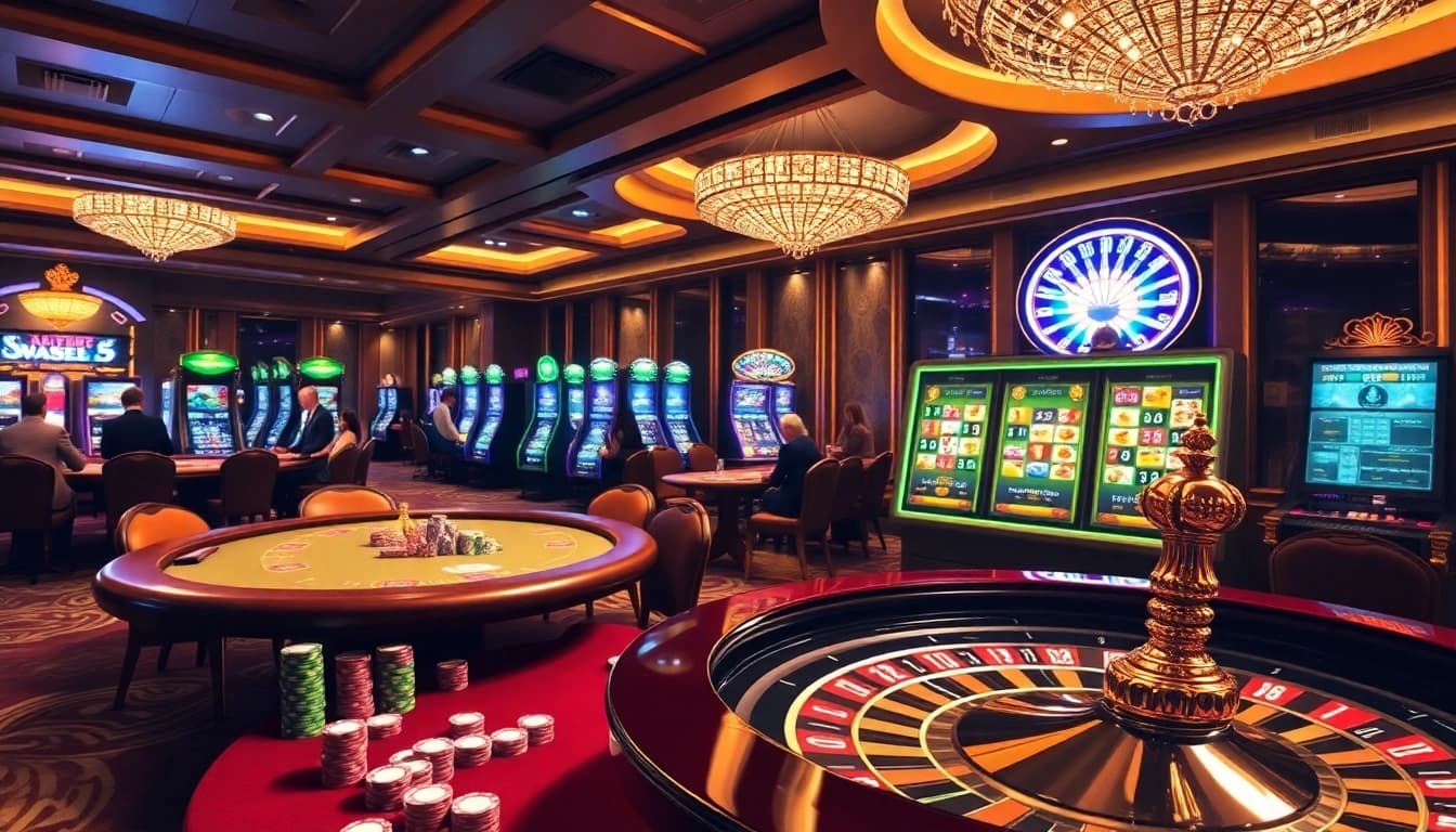 Experience the thrill of online gaming at iWin casino with vibrant slot machines and poker tables.