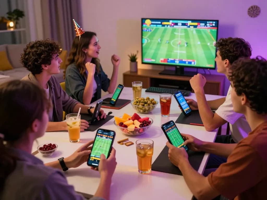 Friends enjoying online gambling with UU88 platform, showcasing excitement and camaraderie in a festive setting.