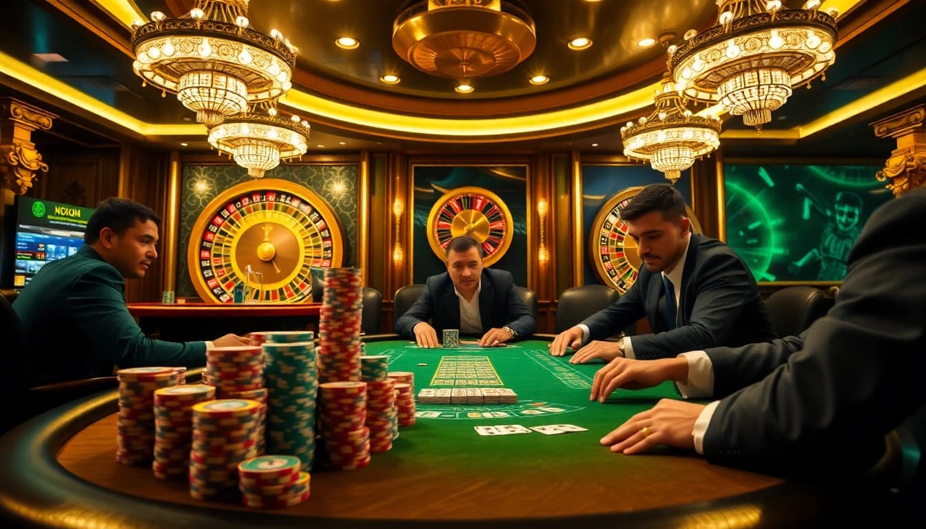 Experience thrilling gameplay at https://nohu90.tools/ with vibrant poker chips on a luxurious casino table.