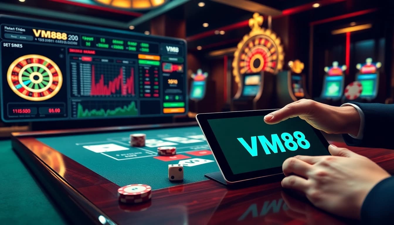 VM88 online casino interface showing real-time betting odds and poker chips stack