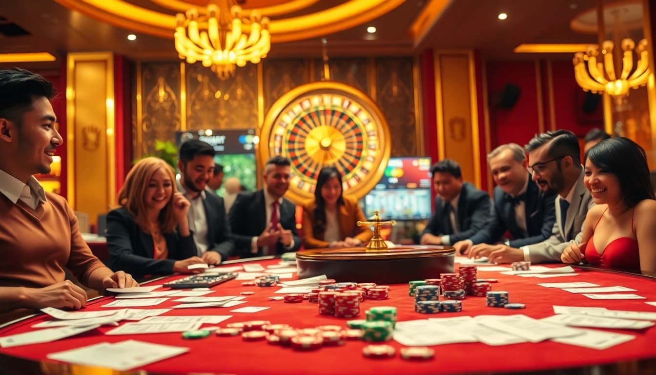 Excited players engaging in Taruhan Bola at a vibrant casino table.