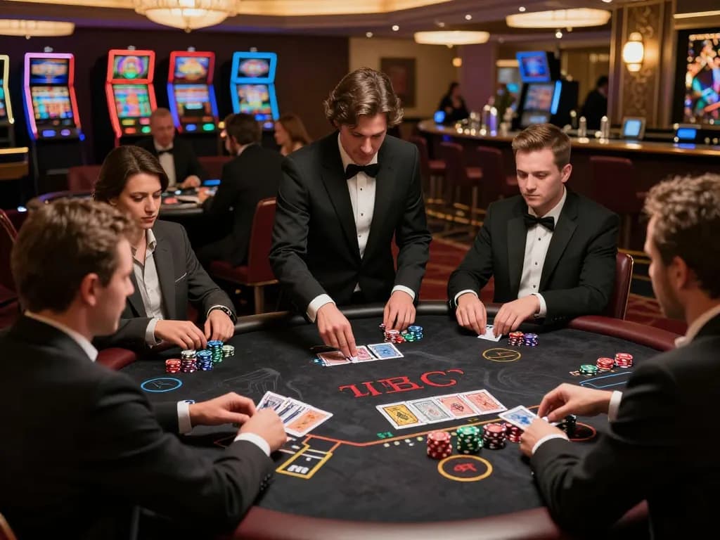 Players strategizing in a high-stakes blackjack game at VK88 casino table, capturing the thrill of gambling