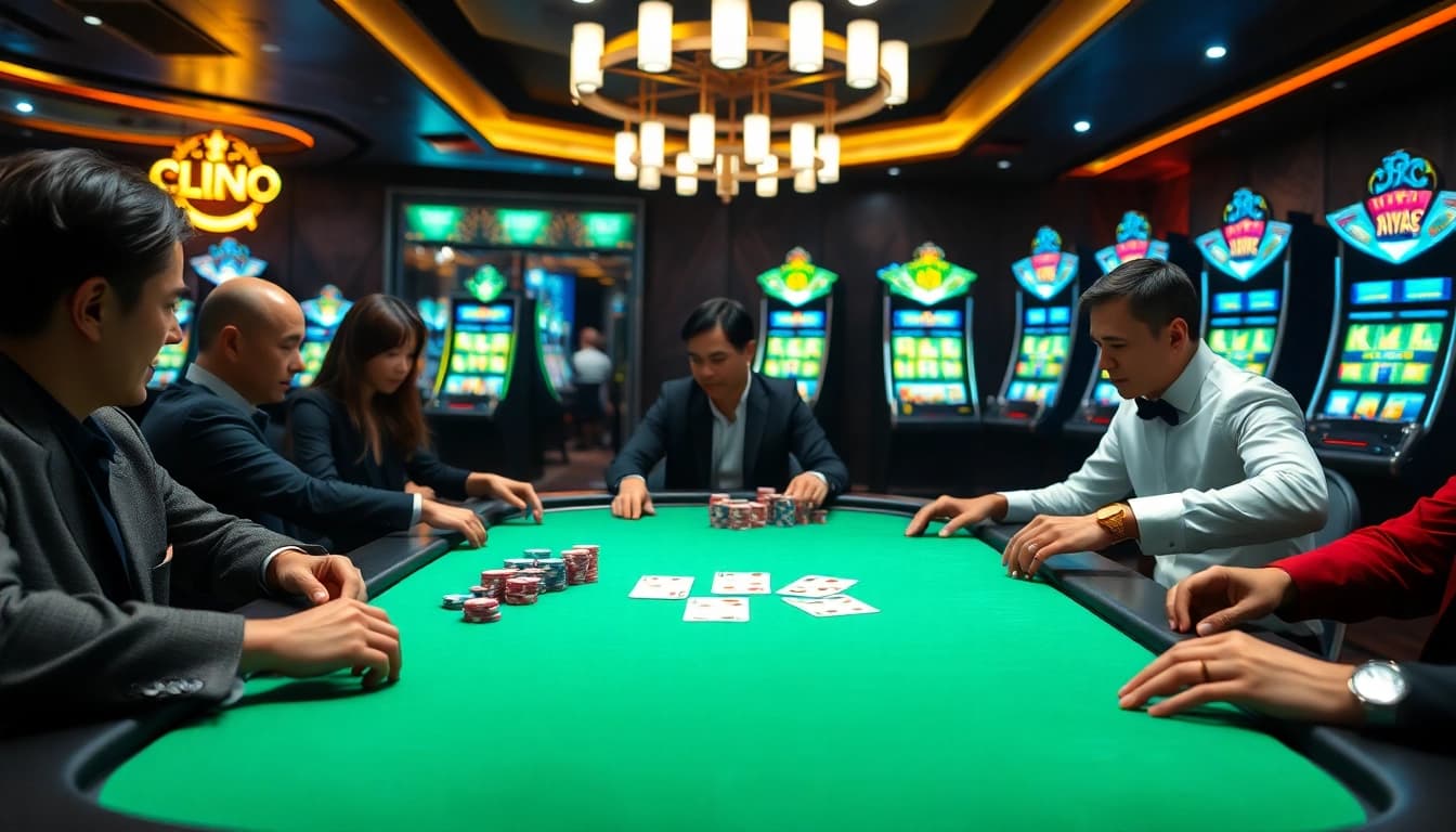 Lô Đề Trực Tuyến action on a luxurious casino table with vibrant poker chips and cards in play.