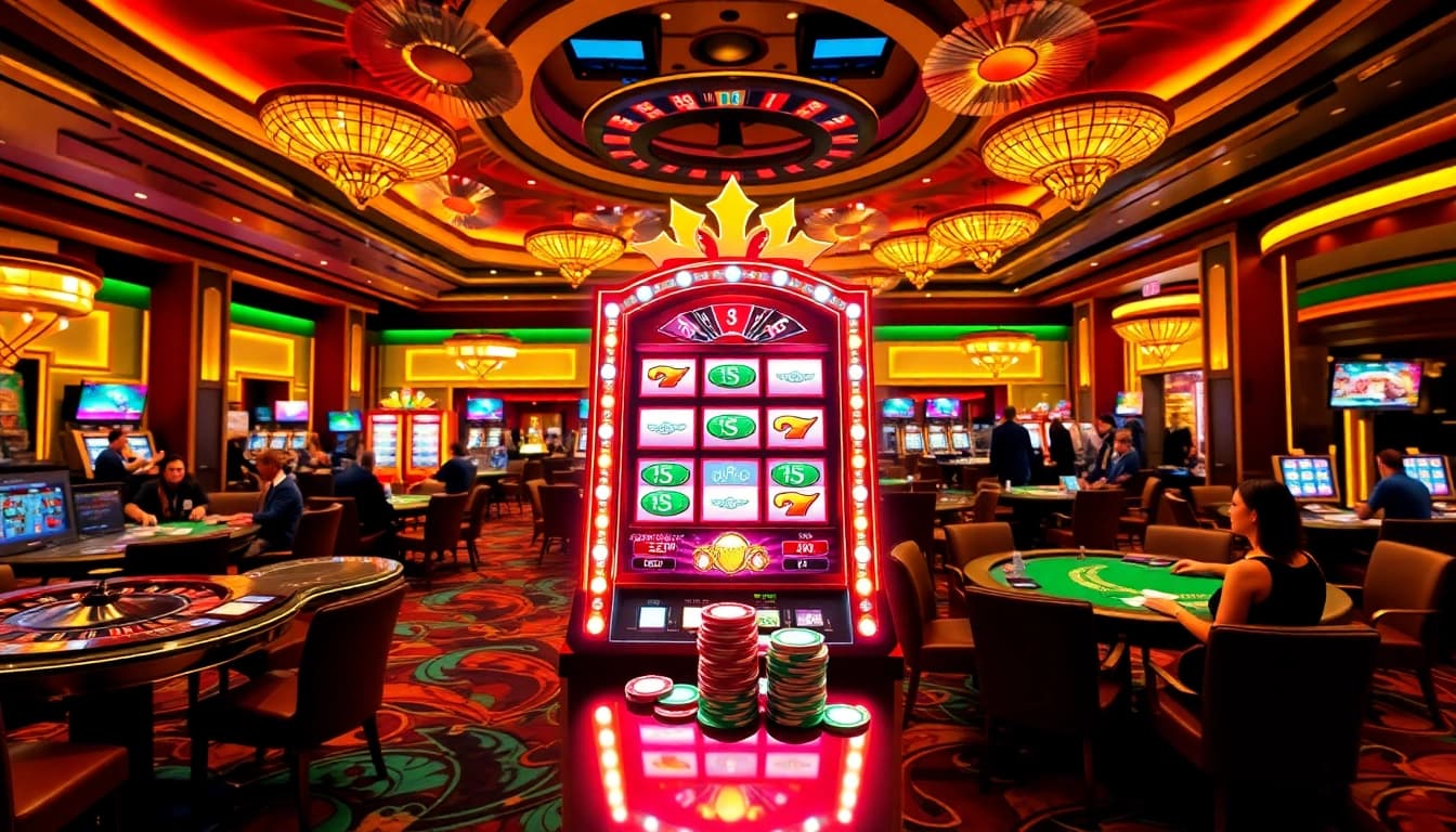 Players eager to win at a luxurious slot machine in a bustling casino atmosphere.