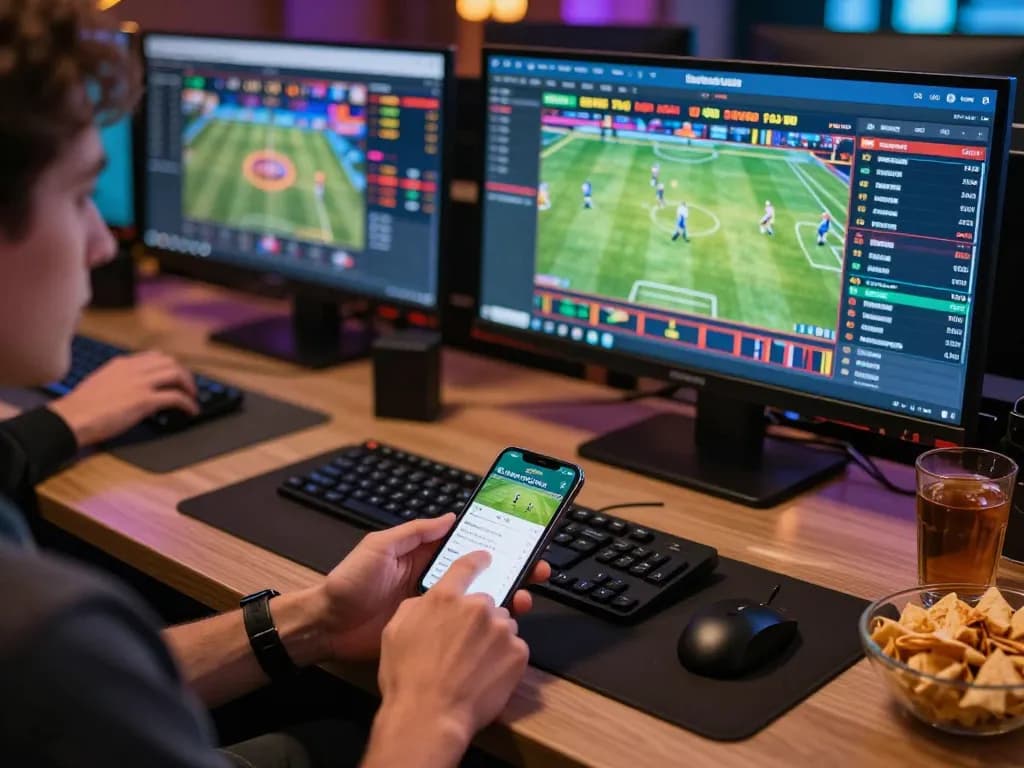 TR88 user engaging in online sports betting, checking odds on multiple screens.