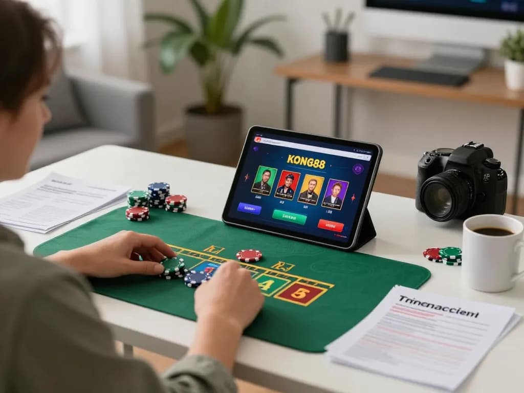 KONG88 tablet gameplay showcasing strategic blackjack session in a cozy home office.