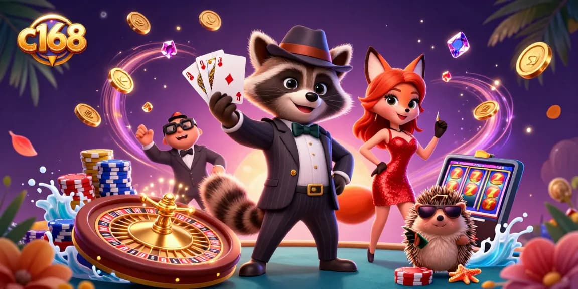 Experience excitement with c168 casinos as charming characters celebrate big wins in a vibrant gaming atmosphere.