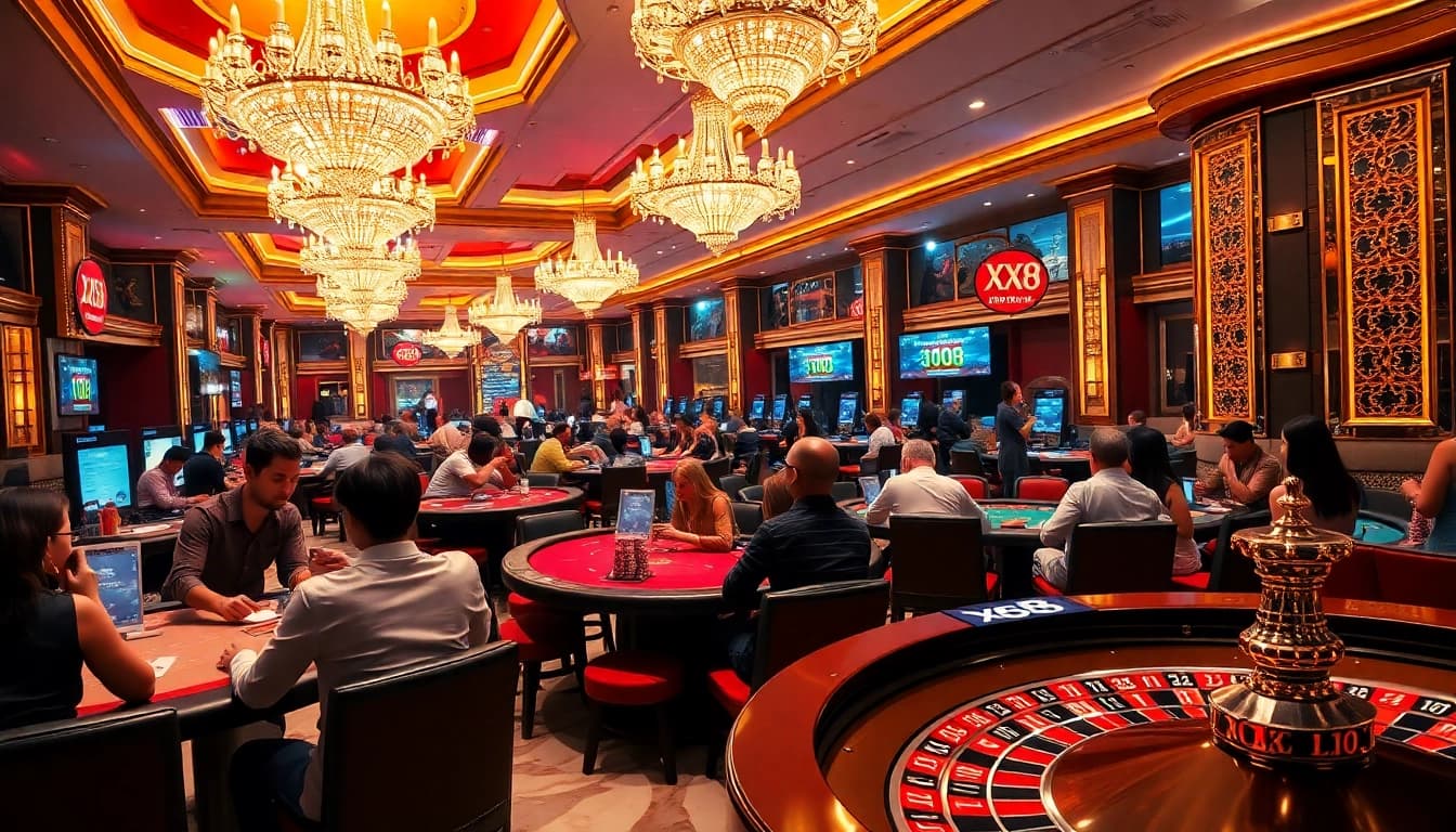 Players enjoying exciting gambling games at XX88 casino, with vibrant ambiance and luxurious decor.