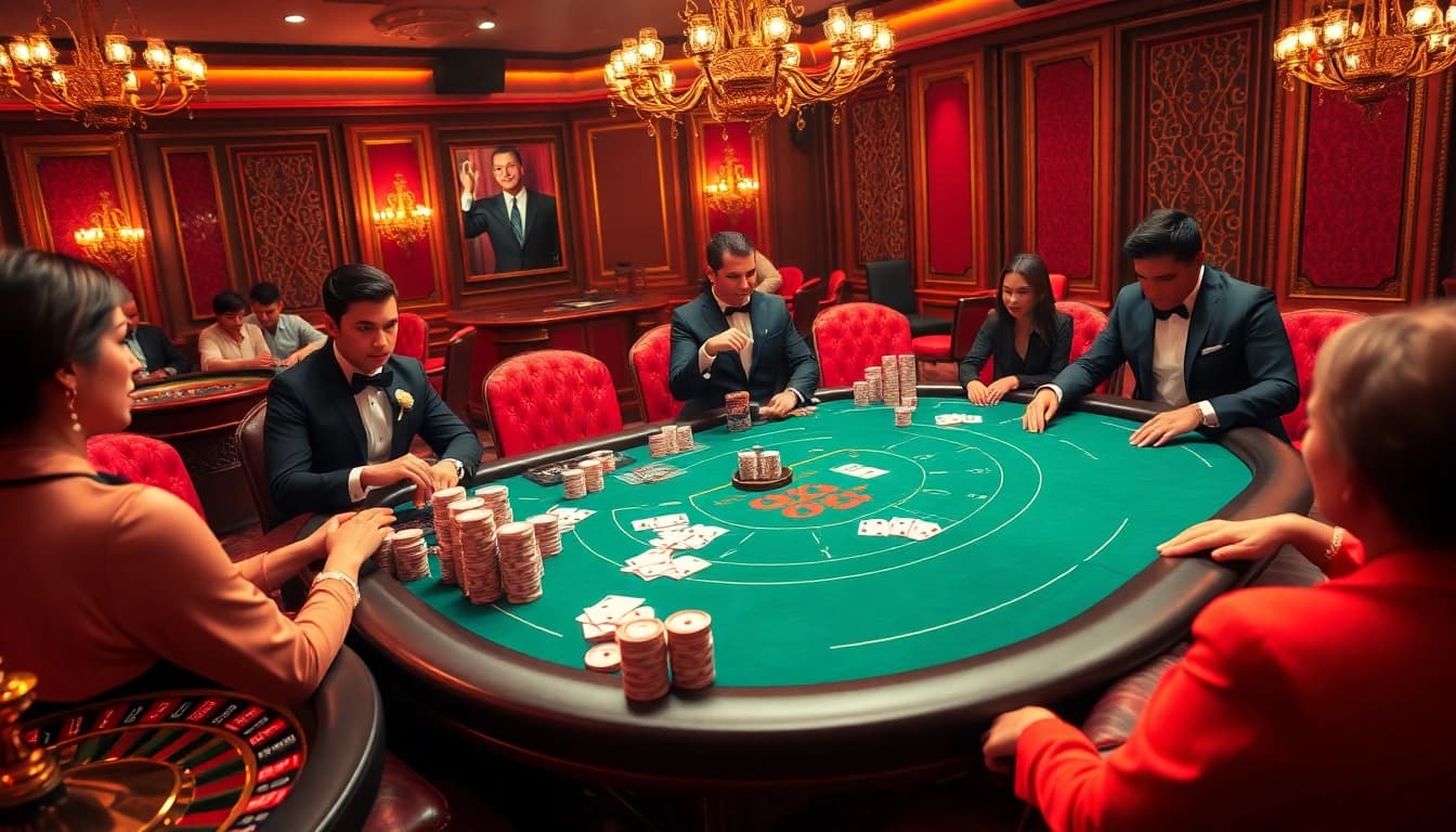 Experience the glamour of 8kbet with an elegant poker scene showcasing thrilling gameplay and vibrant casino decor.