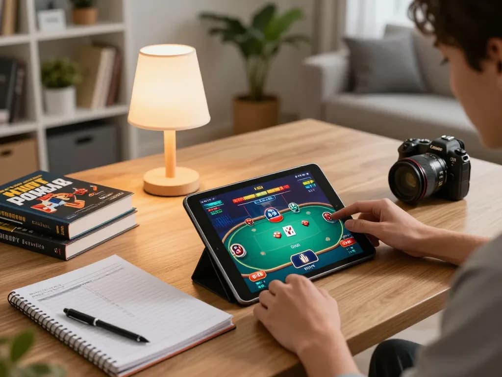 Pemain yang terlibat menggunakan uxplora untuk permainan poker online yang strategis di lingkungan rumah yang nyaman