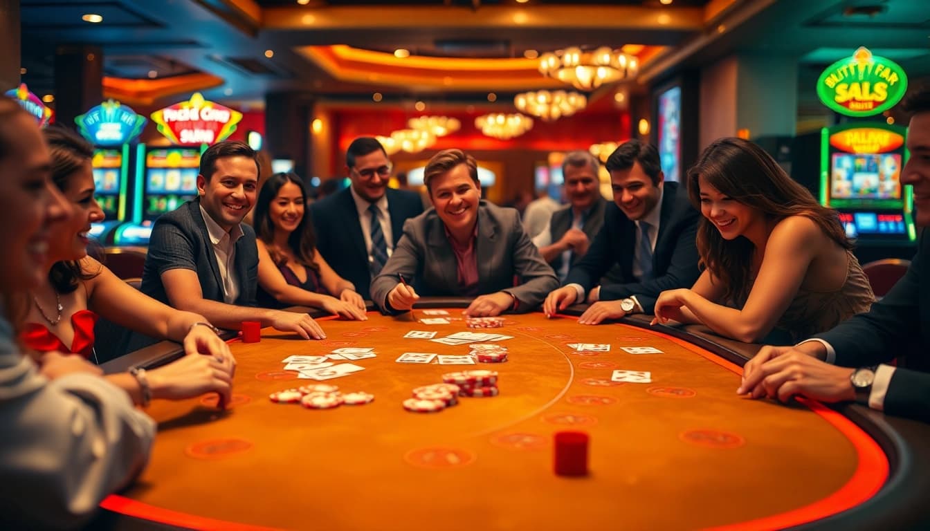 Join the excitement, register now at a vibrant casino table featuring enthusiastic players.