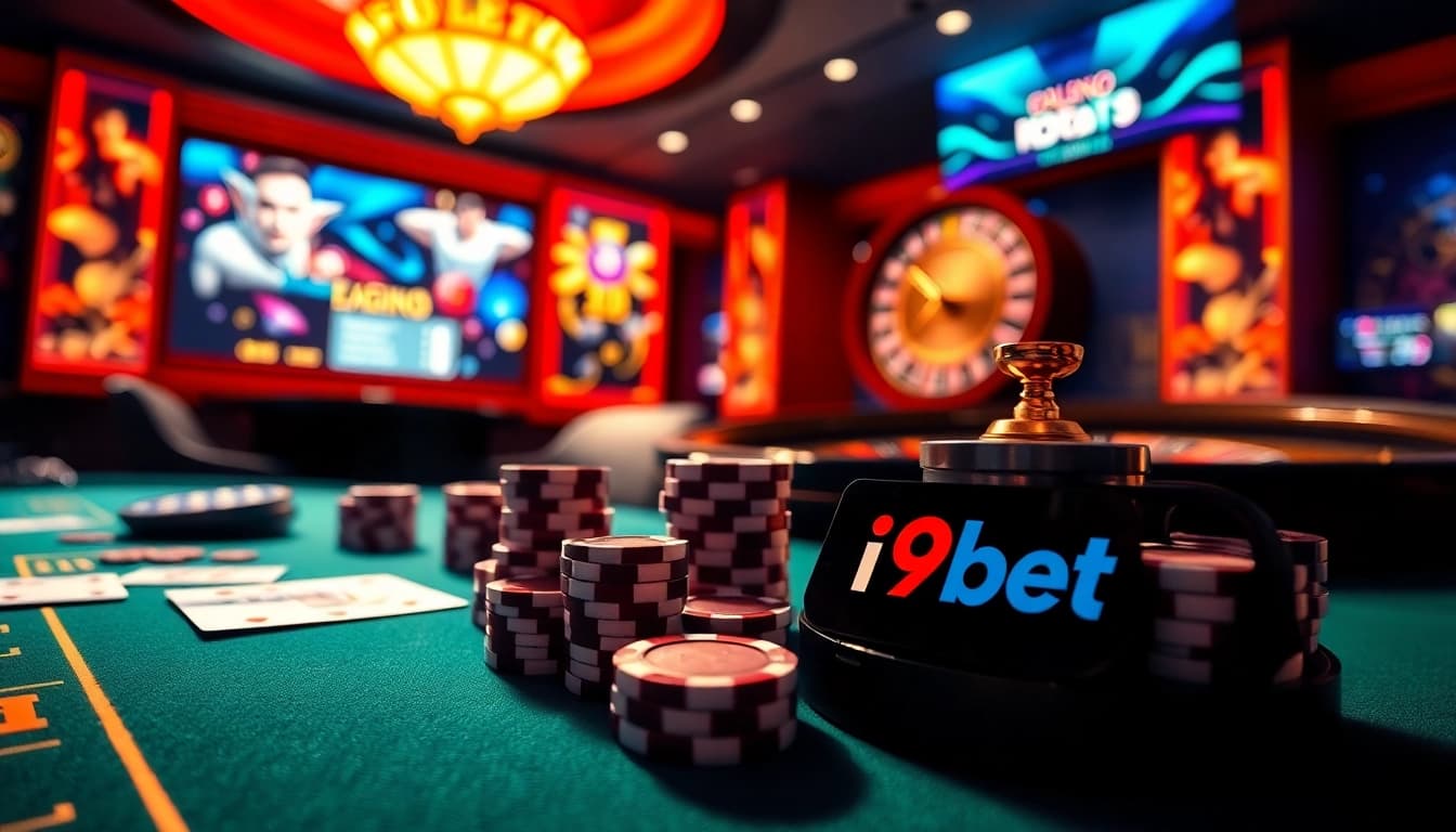 i9bet gaming chips and cards on an elegant casino table, showcasing thrilling online gambling experience.