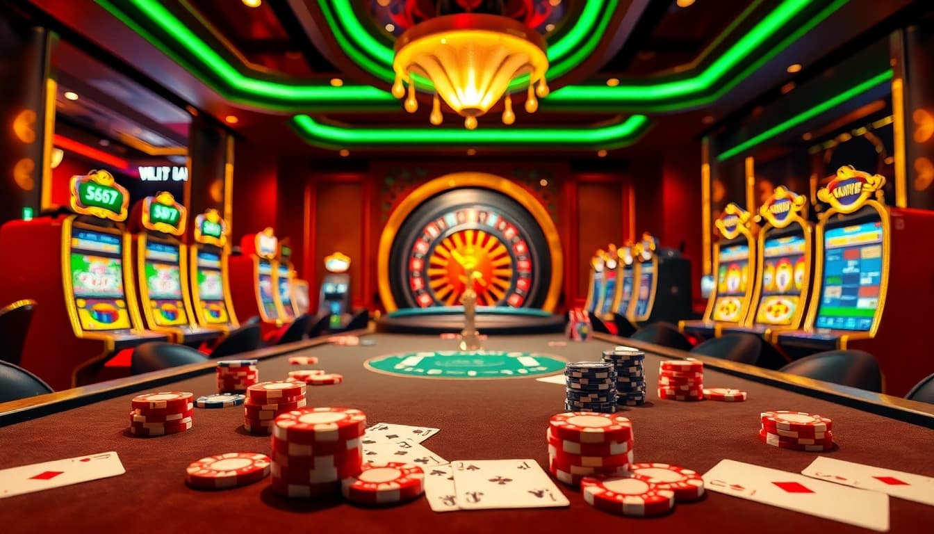 L567 casino scene showcasing vibrant gaming tables, exciting slot machines, and a roulette wheel.