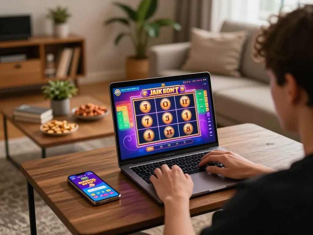 Engaging scene of online gaming with MM88 app on laptop, jackpot slot game displayed, cozy living room atmosphere.