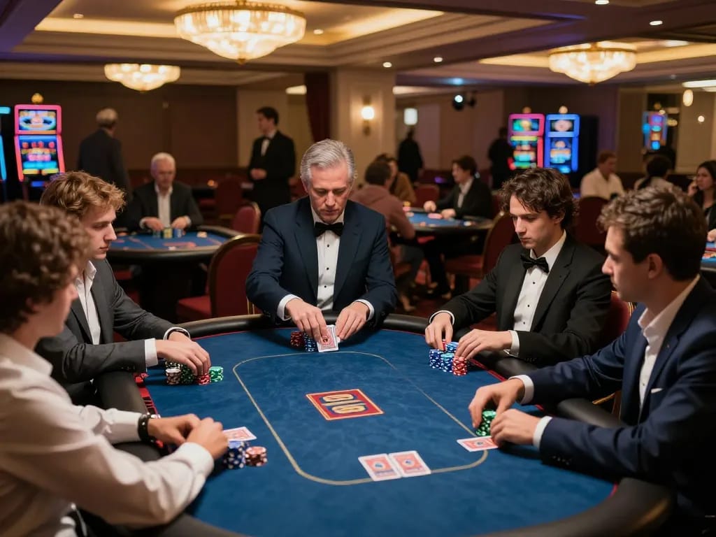 VA88 players engaged in strategic poker game at upscale casino table under warm lighting.