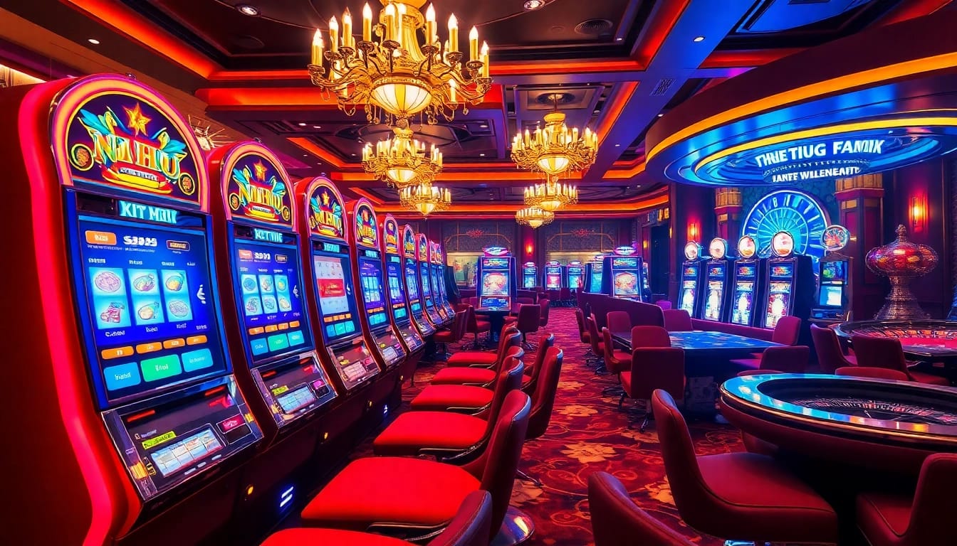 Intense gameplay at Nổ Hũ slots in a luxurious casino setting, showcasing colorful machines and vibrant atmosphere.