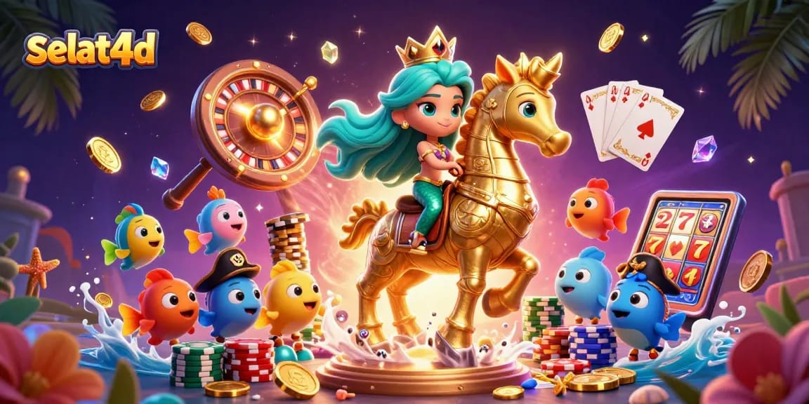 Enjoy the thrilling experience of selat4d with a vibrant 3D casino scene featuring colorful characters and exciting game elements.