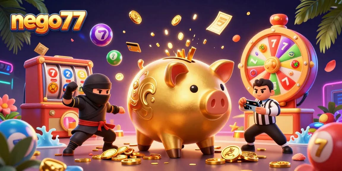 Nego77 features an exciting gaming scene with a golden piggy bank sumo wrestler, golden coins raining down, and dynamic slot game elements.