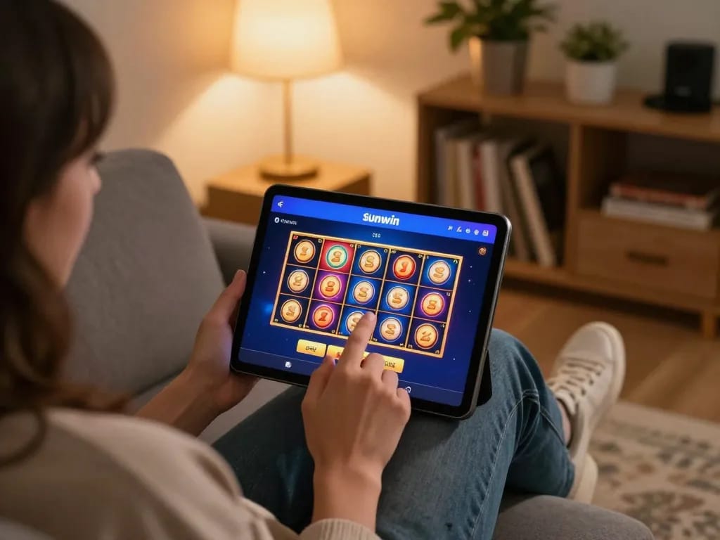 Experience the excitement of Sunwin online slots showcased on a tablet in a cozy living room setting.