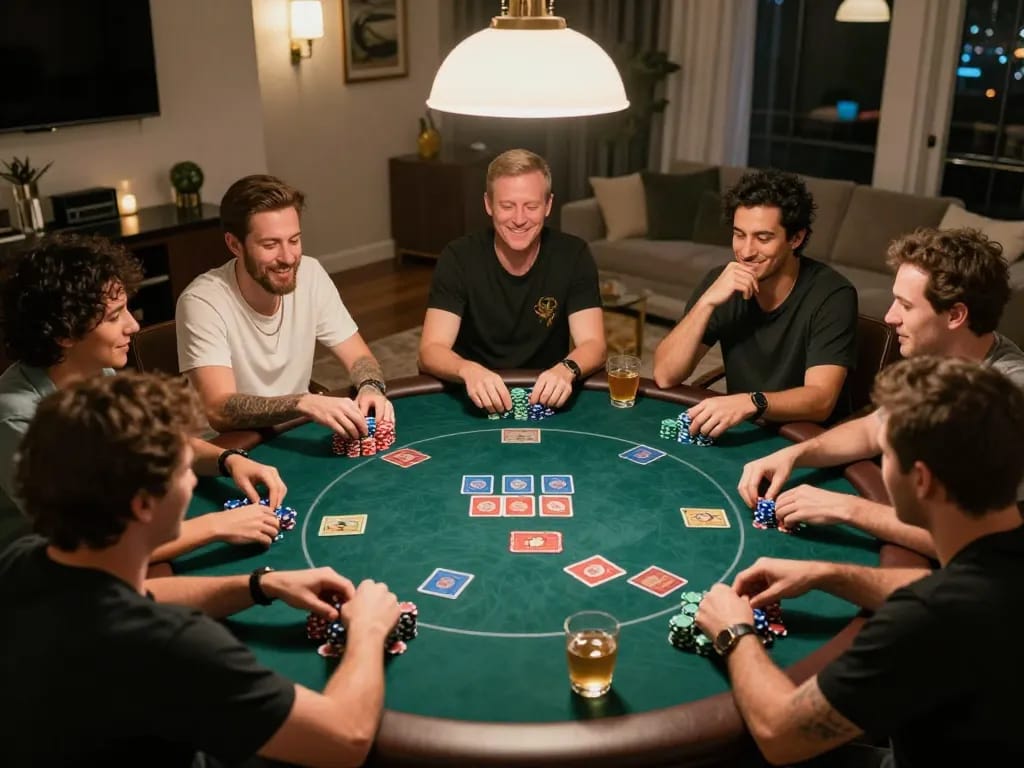 Players enjoying a poker night at home, showcasing the social aspects of gambling and situs smartcityhostels.